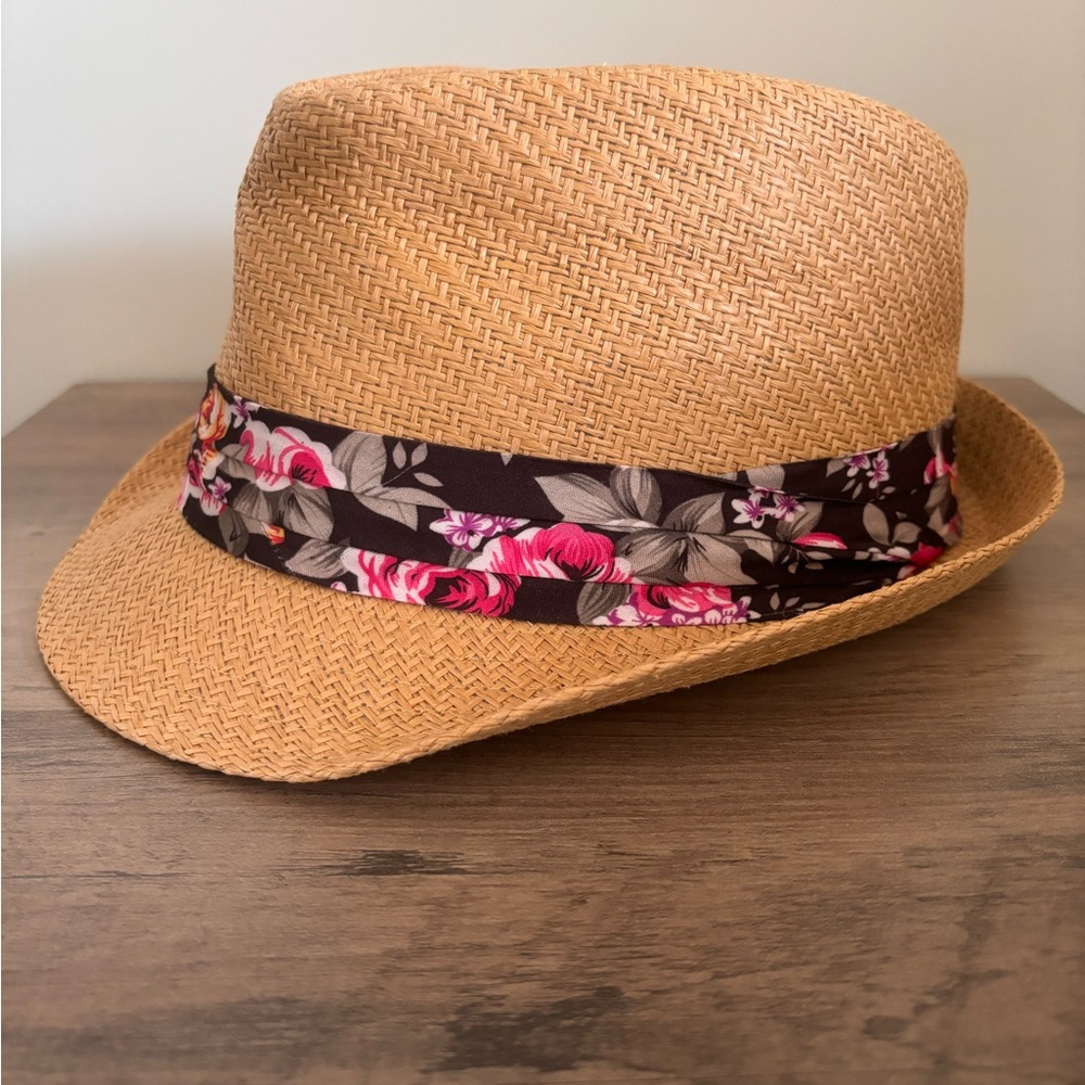 Tan Straw Fedora with Black Floral Ribbon